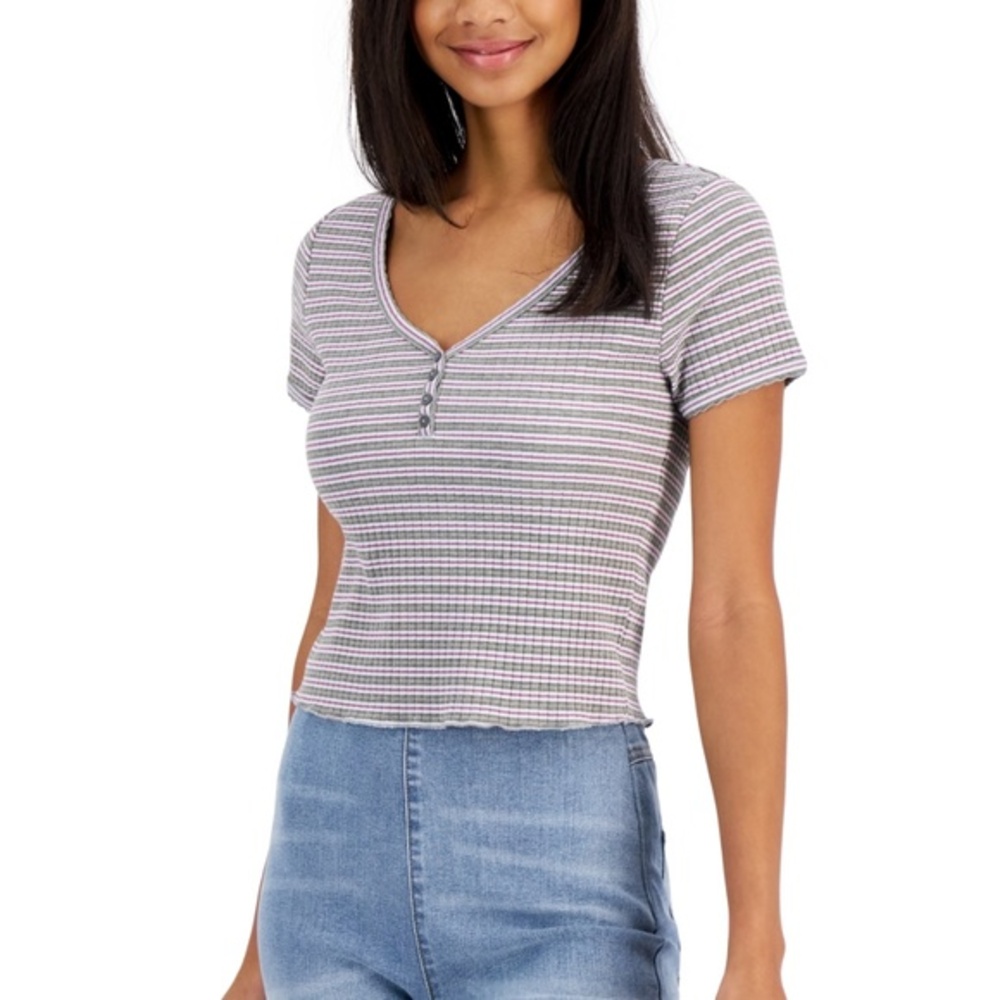 NWT Hippie Rose Juniors V-neck Ribbed Henley Top In Grey Stripe Size M Size XL